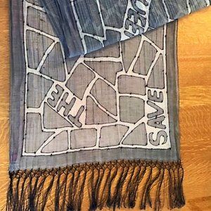 SAVE THE QUEEN enchanting blue linen scarf with beading and fringe